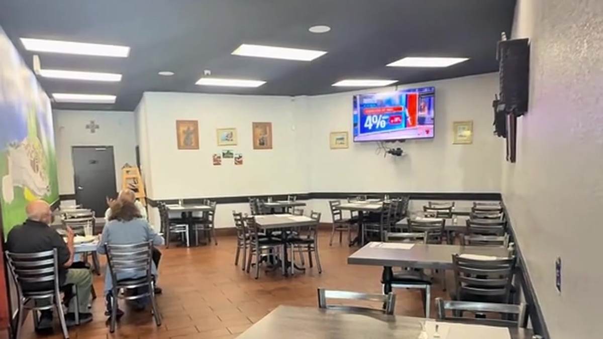 The dining room at Inti with the painted Machu Picchu mural along one wall.